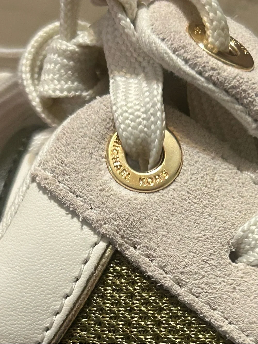 Michael Kors Emmy Mixed Media Wedge Trainer Sneaker Husk Olive Gold 9.5